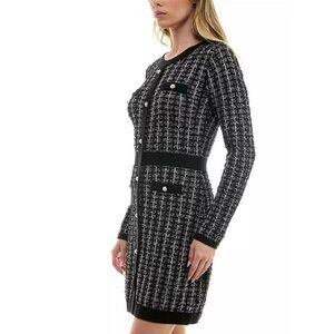 BCX Womens Tweed Black & White Long-Sleeve Cardigan Dress With Pearl Button Acce
